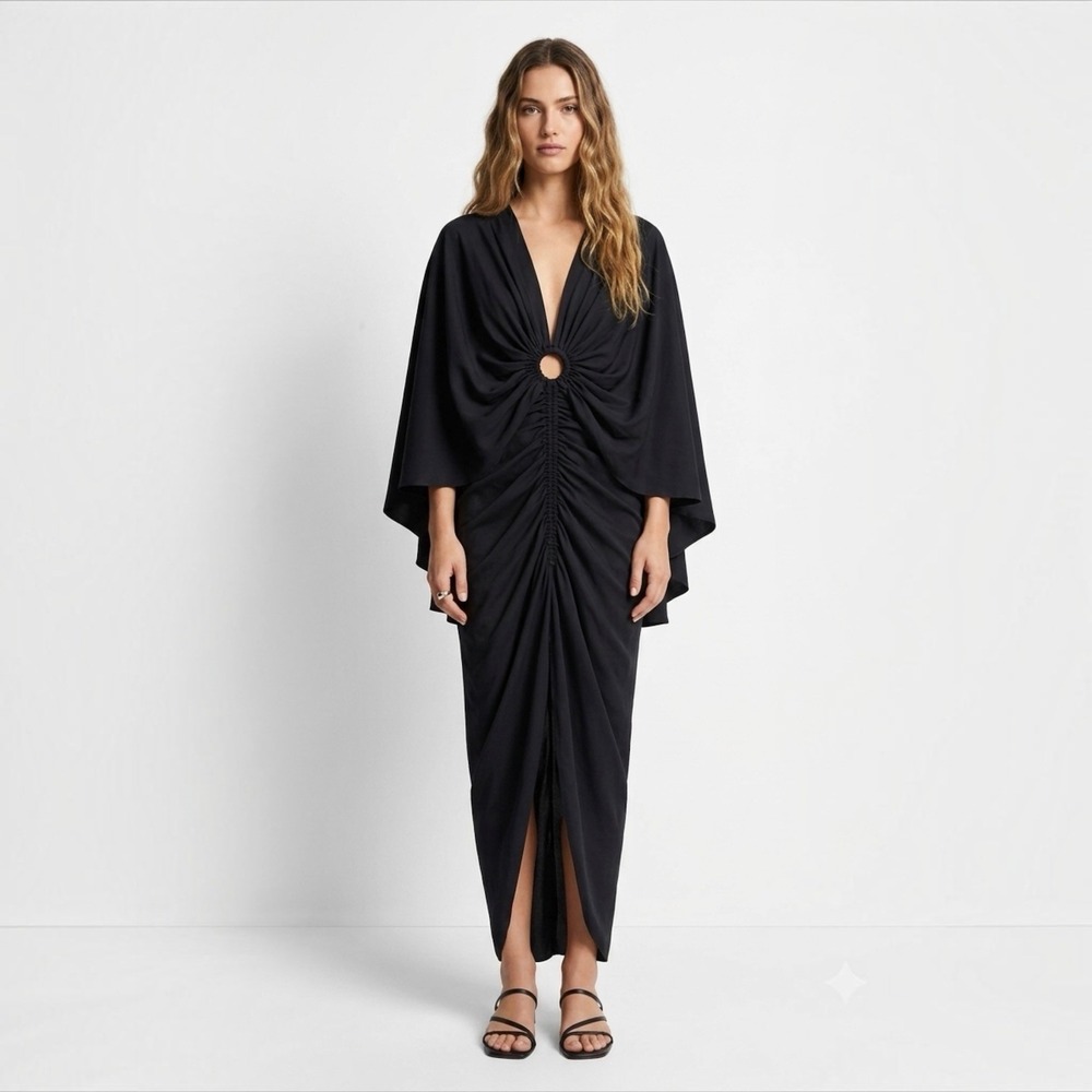 La Ros Cotton Plunge Neck Draped Cape Sleeve Tulip Hem Maxi Dress Size Small